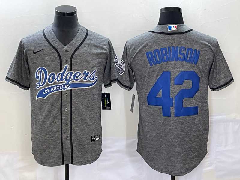 Mens Los Angeles Dodgers #42 Jackie Robinson Grey Gridiron Cool Base Stitched Baseball Jersey